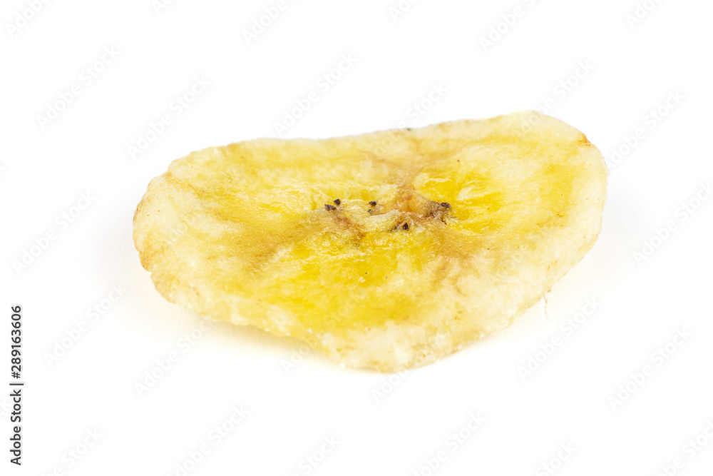One slice of sweet yellow dry banana isolated on white background One slice of sweet yellow dry banana isolated on white background