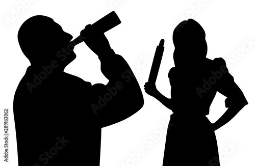 Husband drinking alcohol from bottle and angry wife holding rolling pin. Family problem alcoholism. 