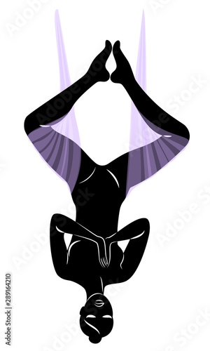 Fly yoga. Yoga on the hammock. Silhouette of a slender girl who goes in for sports, meditation. Good for your health. Vector illustration.