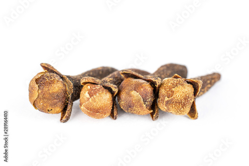 Group of four whole dry brown clove isolated on white background