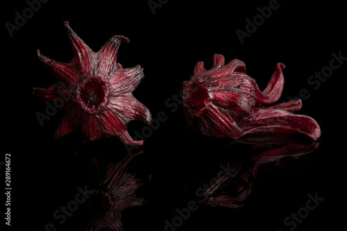 Group of two whole sweet red candied hibiscus isolated on black glass