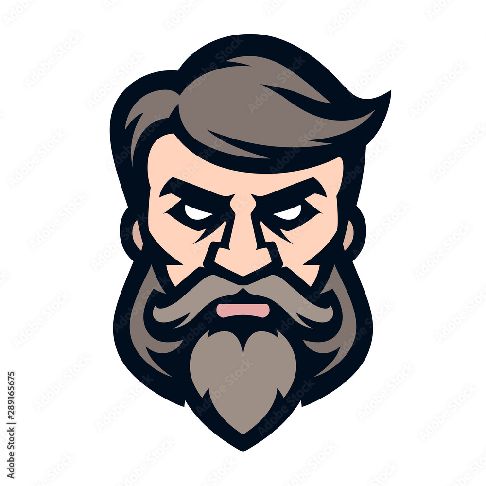 Logo stylish hairdresser, icon of a bearded and mustachioed man. Barbershop. Vector illustration, isolated on white background. Simple shape for design emblem, symbol, sign, badge, label, stamp.