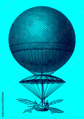 Historic balloon by Jean-Pierre Blanchard from 1785 descending in front of a blue background. Illustration after an engraving from the early 19th century. Editable in layers