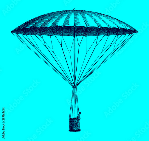 Historic frameless parachute by André-Jacques Garnerin from 1797 descending. Illustration after an etching from the early 19th century. Editable in layers