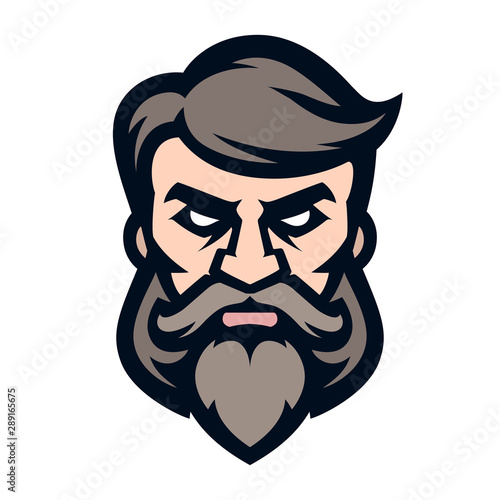 Logo stylish hairdresser, icon of a bearded and mustachioed man. Barbershop. Vector illustration, isolated on white background. Simple shape for design emblem, symbol, sign, badge, label, stamp.