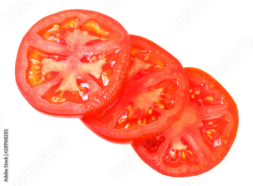 fresh tomato slices isolated on white background. top view
