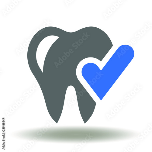Tooth check mark icon vector. Dental health compliance logo. Oral teeth hygiene illustration.