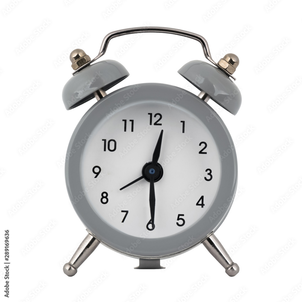 A gray clock with an alarm clock on a white background with arrows showing the time twelve hours thirty minutes or twenty four hours thirty minutes A gray clock with an alarm clock on a white background with arrows showing the time twelve hours thirty minutes or twenty four hours thirty minutes