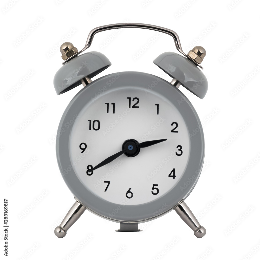 A gray clock with an alarm clock on a white background with arrows showing the time two hours forty minutes or fourteen hours forty minutes