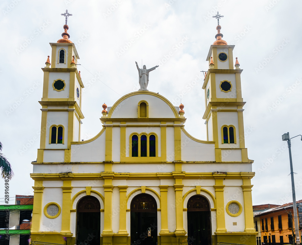 View on colonial church Nuestra Señora del Carmen in Salento, Colombia