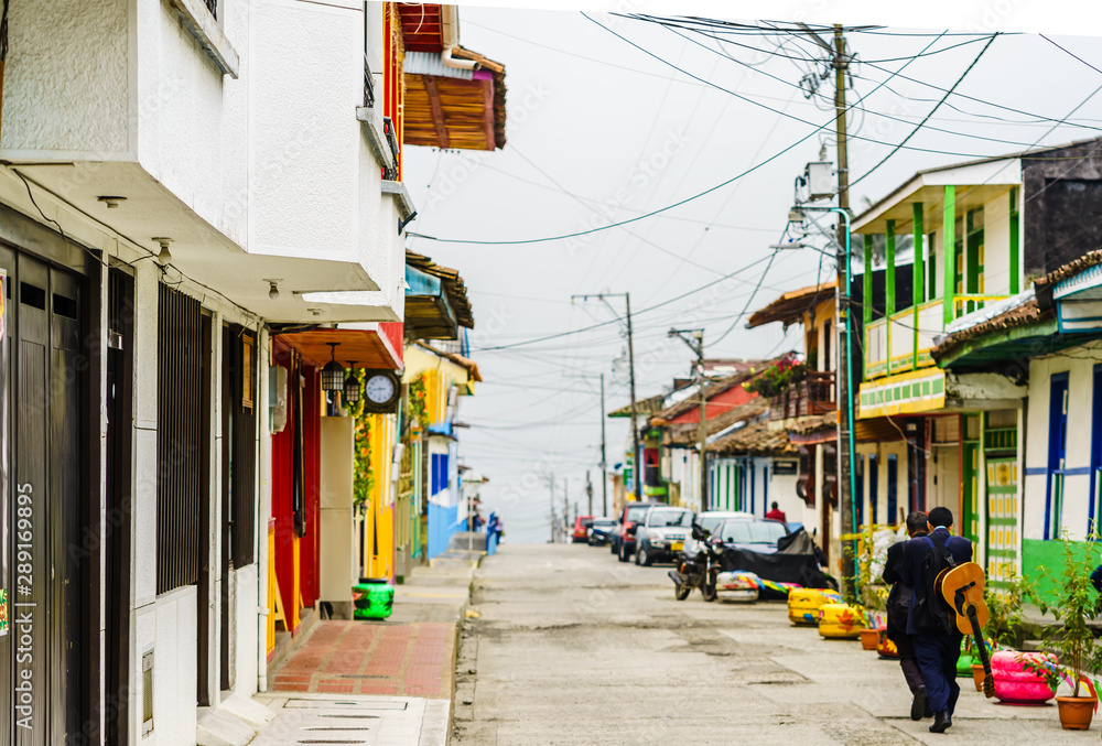 Viewon colonial buildings in the streets of Filandia, Colombia Viewon colonial buildings in the streets of Filandia, Colombia