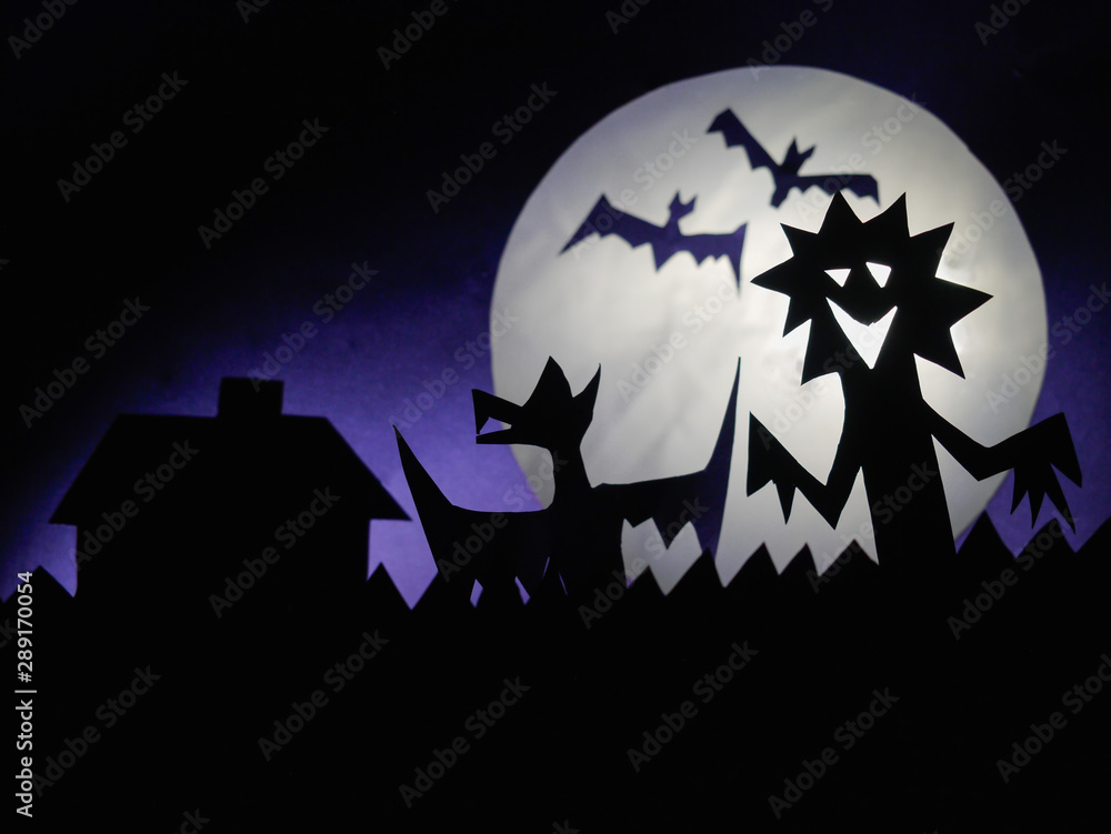 Dark Halloween background with scary creatures, Dragon, bats, funny monster, full moon.
