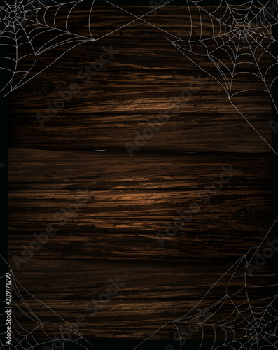 spider and webs over grunge wooden background vector