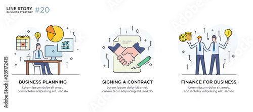 Set of illustrations concept with businessmen. Workflow, growth, graphics. Business development, milestones. linear illustration Icons infographics. Landing page site print poster. Line story