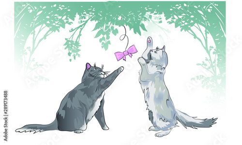 CCUTE KITTENS PLAYING WITH A BOW, Cute cartoon funny characterUTE KITTENS PLAYING WITH A BOW photo