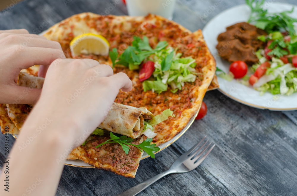 Traditional delicious Turkish foods; Turkish Lahmacun Traditional delicious Turkish foods; Turkish Lahmacun