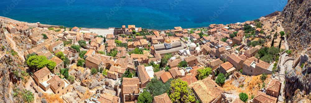 panoramic view from the citadel on the old city of monemvasia in Greece