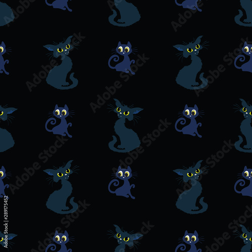 Black cats halloween spooky vector repeat pattern.