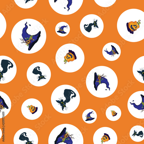 Dots halloween cats and pumpkins repeat pattern.