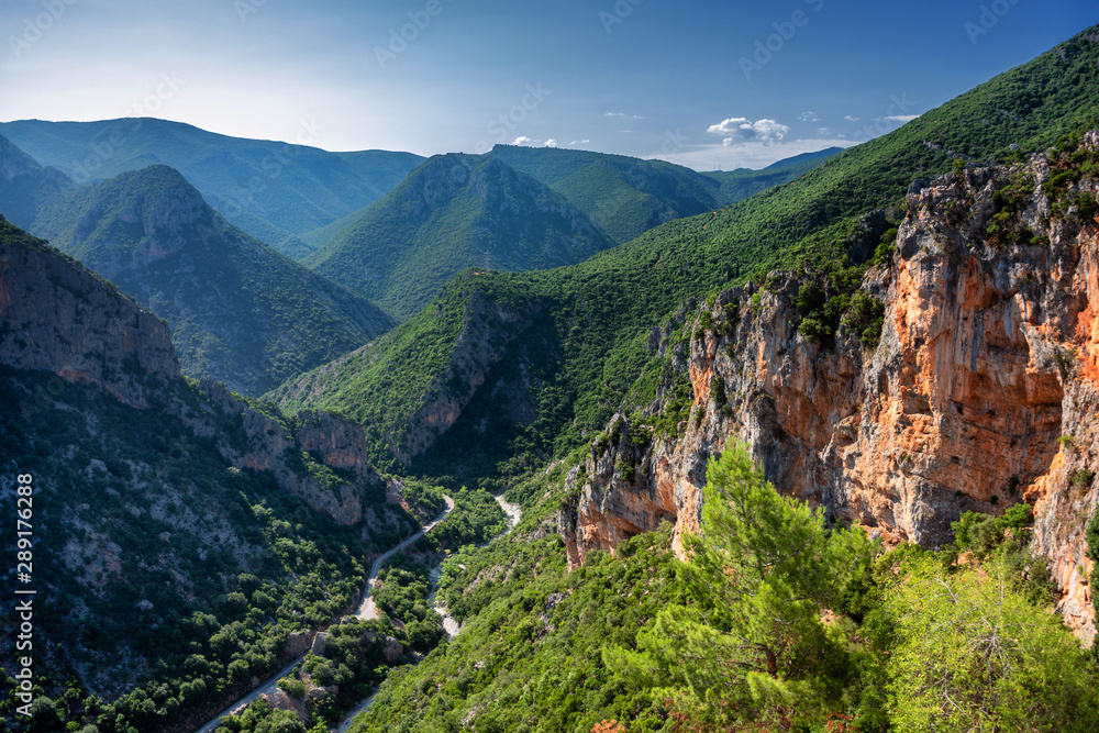 view of Vikos Gorge, a gorge in the Pindus Mountains of northern Greece, lying on the southern slopes of Mount Tymfi, one of the deepest gorges in the world. Zagori region, Greece.