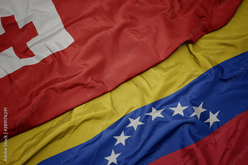 waving colorful flag of venezuela and national flag of Tonga . waving colorful flag of venezuela and national flag of Tonga .