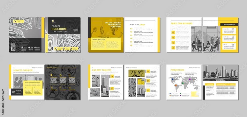 Brochure creative design. Multipurpose template, include cover, back and inside pages. Trendy minimalist flat geometric design. Square format. - obrazy, fototapety, plakaty 