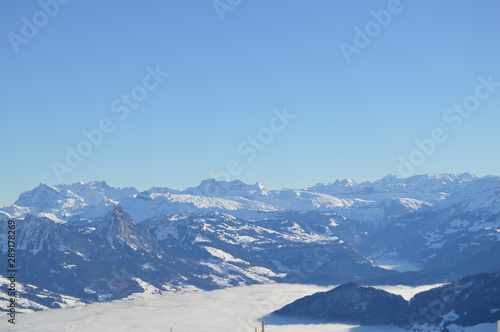 Panoramic alipne and snow view from Mount Rigi Kulm near Vitznau Switzerland