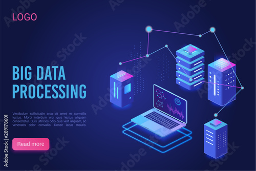 Big data processing and analysing landing page vector template. Analytics data servers, Server room banner, web hosting concept, ultraviolet isometric vector illustration