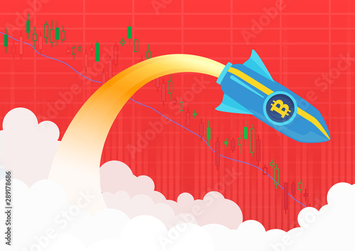 Bitcoin rocket crash flying down. Cryptocurrency red sell market falling down vector illustration
