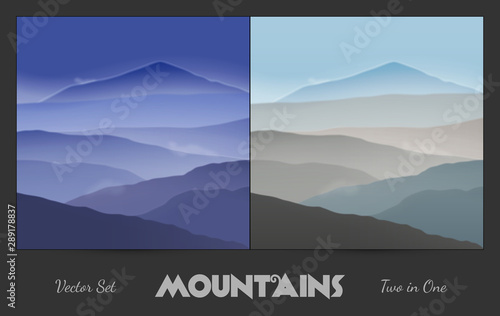Fototapeta Naklejka Na Ścianę i Meble -  Vector set with mountain foggy ranges. Vector illustration with day and night landscapes. Mountain peak in fog. Abstract natural background