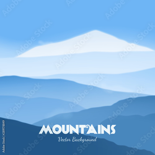 Mountain foggy landscape. Vector illustration with mountain ranges in winter. Snow-covered mountain peak. Abstract natural background