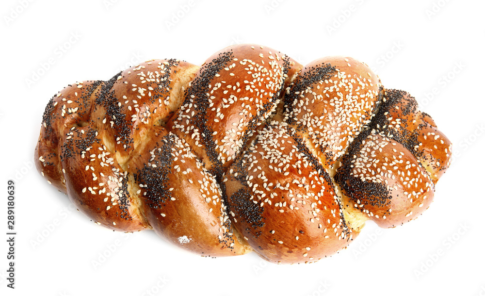 Fresh pastry with sesame and poppy seeds on white background, top view