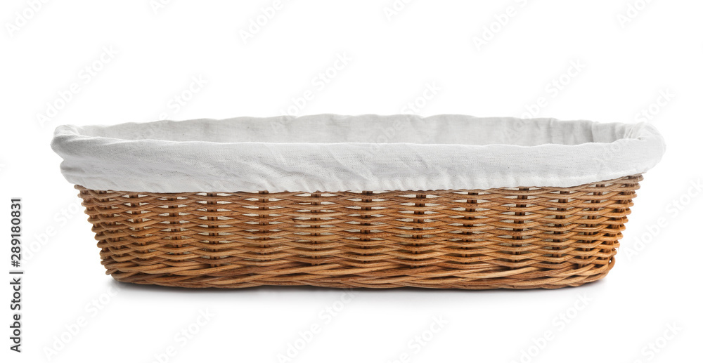 Empty wicker basket for bread on white background