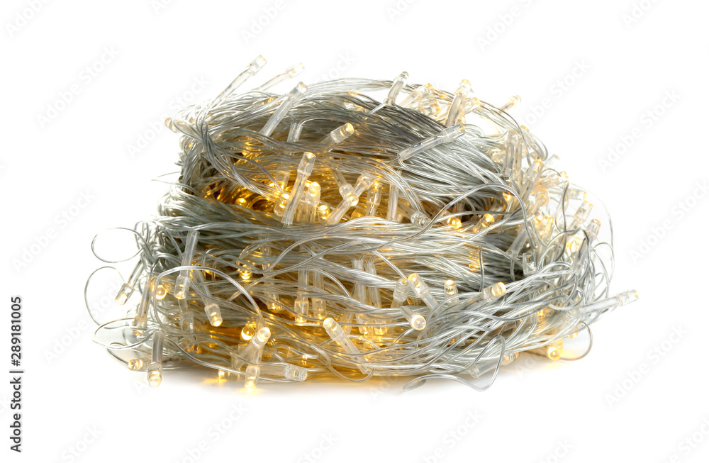 String of Christmas lights on white background String of Christmas lights on white background
