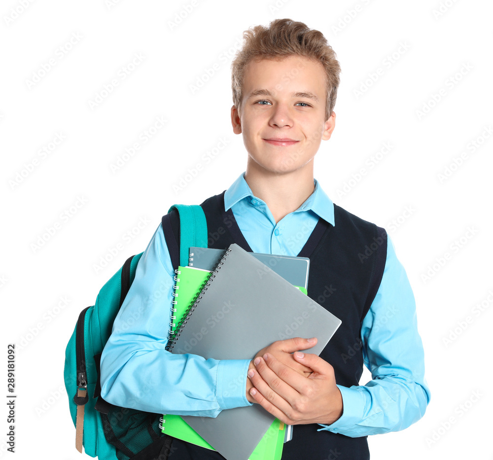 Happy boy in school uniform on white background Happy boy in school uniform on white background