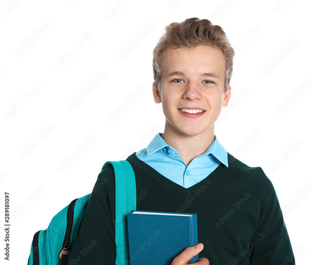 Happy boy in school uniform on white background Happy boy in school uniform on white background