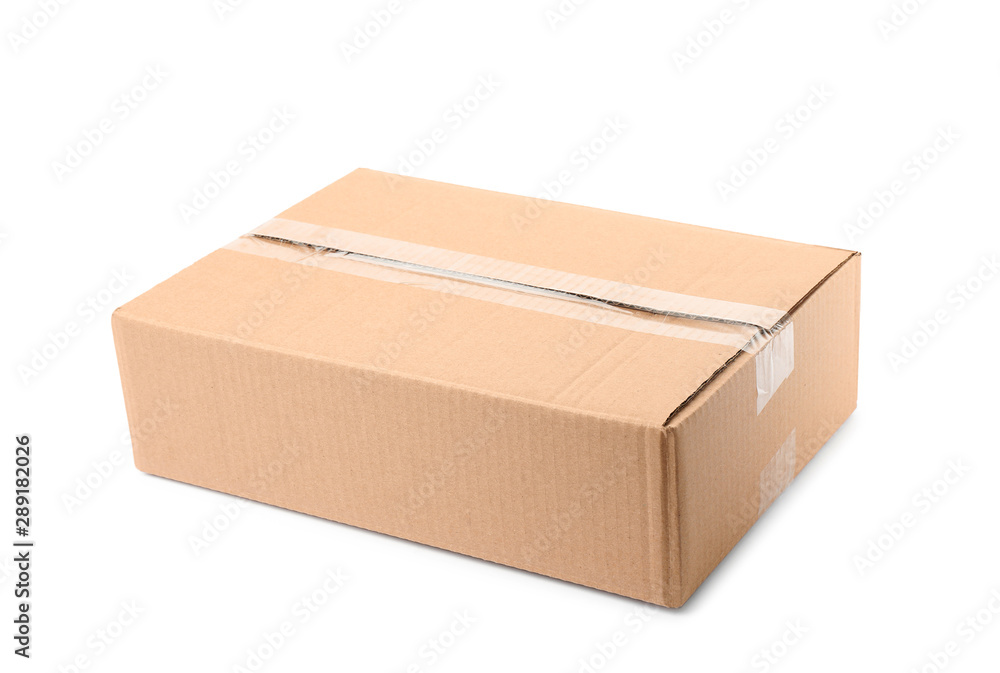 Closed cardboard box on white background. Mockup for design Closed cardboard box on white background. Mockup for design