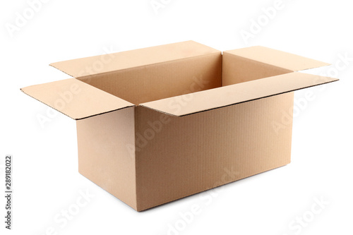Open cardboard box on white background. Mockup for design © New Africa