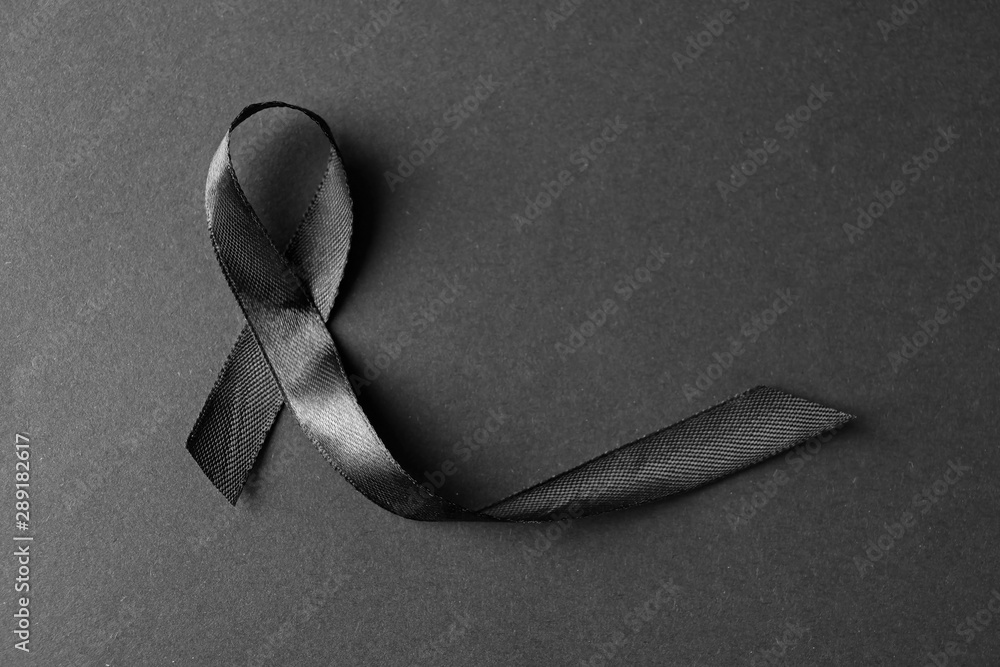 Black bow on white background, top view. Funeral symbol Stock Photo