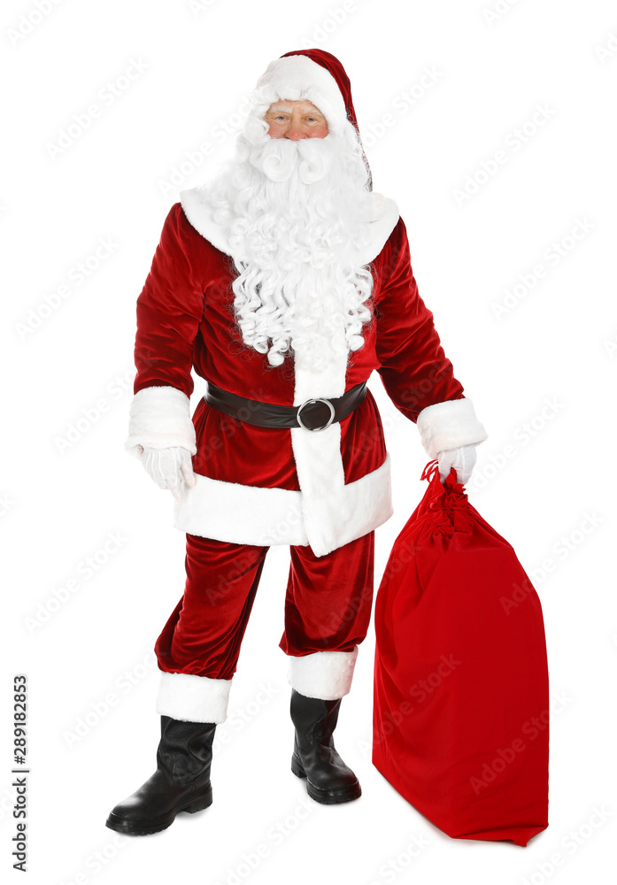 Authentic Santa Claus with bag full of gifts on white background Authentic Santa Claus with bag full of gifts on white background