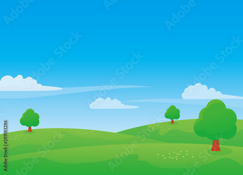 Nature landscape vector illustration with blue sky and green meadow. Field vector illustration