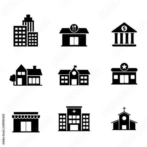 Set of building related icon such as school, hospital, house and more with black and white design 