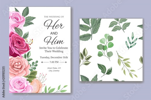 Wedding Invitation Card with Beautiful Flower and Leaves © yudhistira300817