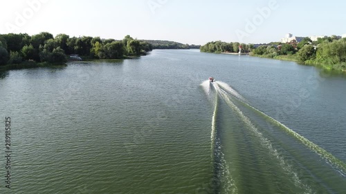 VINNITSA, UKRAINE -  June 16, 2019:  River, boat on the river, catamarans.
