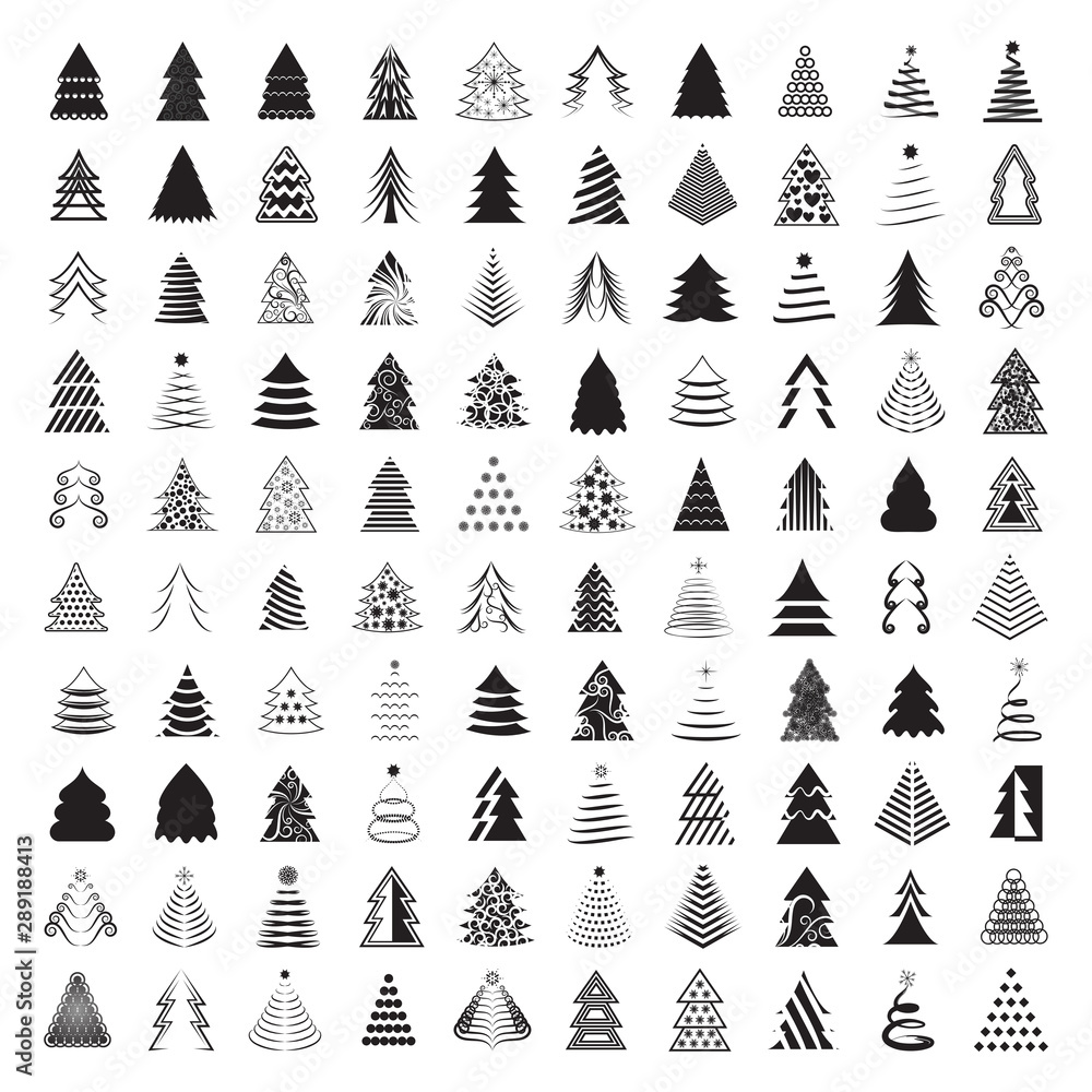 Naklejka Abstract Christmas Tree Icons. Black Silhouette Set - Isolated On White Background - Vector Illustration. Collection Of Xmas Tree Icons. Abstract Art. Flat Pictogram. Christmas Trees Modern Silhouette
