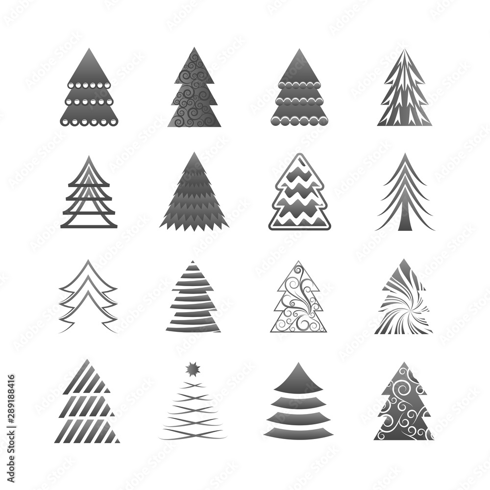 Obraz premium Abstract Christmas Tree Icons. Gray Silhouette Set - Isolated On White Background - Vector Illustration. Collection Of Xmas Tree Icons. Abstract Art. Flat Pictogram. Christmas Trees Modern Silhouette