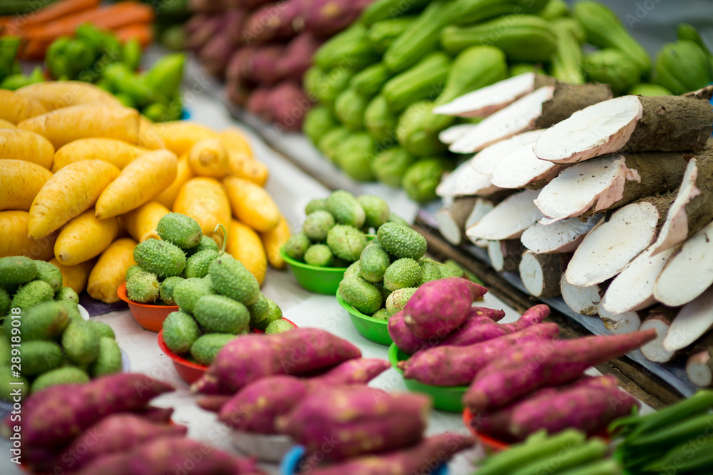 Display of neatly arranged vegetables at a stall in the weekly tropical farmer's market in General Osorio Plaza in Ipanema, Rio de Janeiro, Brazil Display of neatly arranged vegetables at a stall in the weekly tropical farmer's market in General Osorio Plaza in Ipanema, Rio de Janeiro, Brazil