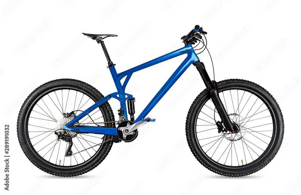 blue enduro carbon all mountain bike with full supsension and 650b wheels. fully mountainbike for offroad bicycle extreme sport isolated  white background
