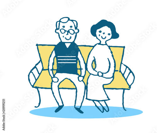 ベンチに座る老夫婦　イエロー