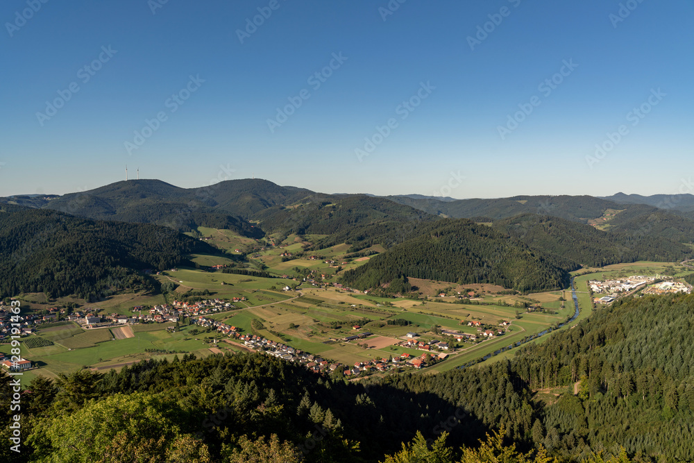 Fototapeta premium Aerial view of the Kinzig valley at Fischerbach and Hausach in the Black Forest, Germany
